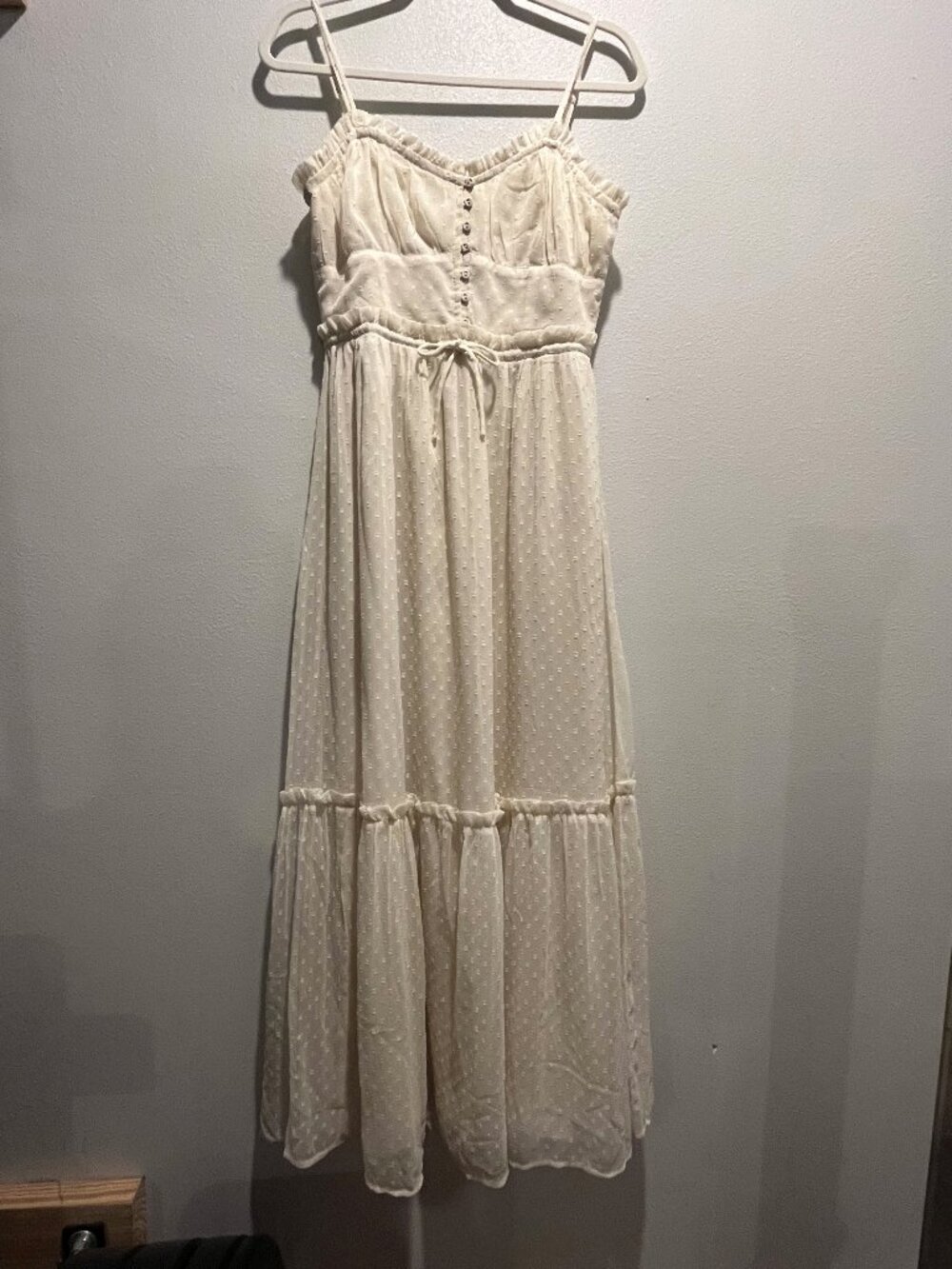 Ivory Swiss Dot Tiered Maxi Dress, Size Medium